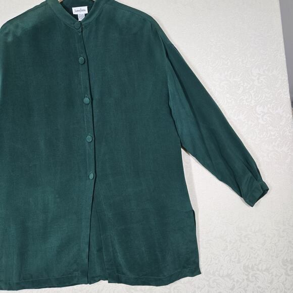Neiman Marcus 100% Silk Tunic Top sz 10* Green Button Front Holiday Oversized - Picture 8 of 16